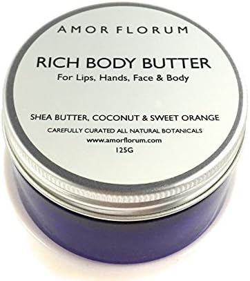 RICH BODY BUTTER - Shea Butter, Coconut Oil &amp; Sweet Orange- 125g - by AMOR FLORUM - 100% Pure, Vegan, With No Chemicals, Organic, of the Highest Quality. Made with the highest quality clean and natural botanicals. A super rich and nourishing all over butter with Sweet Orange. For LIPS, FACE, HANDS and BODY.