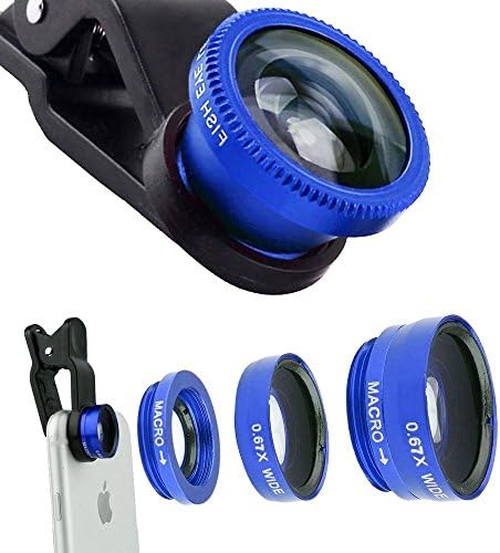 ECVILLA 3 in1 Clip-On 170 Degree Supreme Fisheye + 0.67X Wide Angle+ 10X Macro Lens for iPhone 6 6s 7, Samsung HTC LG Huawei and Other Phone or Tablet (Blue)