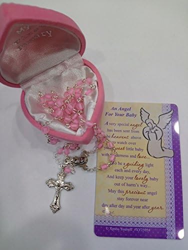 Girl's My First Rosary Glass Beads Pink Children's Christening Baptism Gift Angel Card First Communion