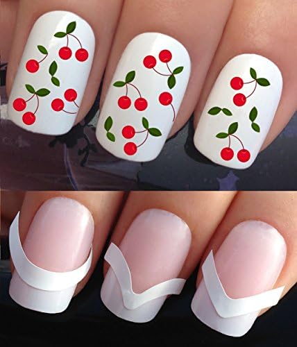WATER NAIL TRANSFERS DECALS STICKERS ART SET #648 &amp; 172. **plus x48 nail tip guides!!** x12 CHERRY STALKS GROUPS FRUIT CHERRIES TATTOO WRAPS &amp; x48 FRENCH MANICURE TIP GUIDES! CAN BE USED WITH NATURAL GEL ACRYLIC STICK ON NAILS! OR WITH GLITTER DUST CAVIAR BEADS ALLOYS DECORATIONS CONFETTI FIMO SHAPES TAPE PENS RHINESTONES!