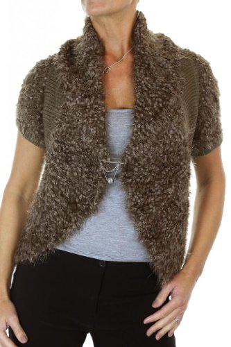 (7456-3) Chunky Soft Hair Knit Open Bolero Pin Front Brown (SM)