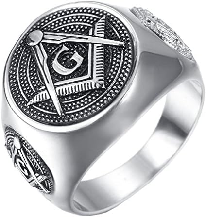 UMtrade Mens Stainless Steel Round Signet Masonic Freemason Biker Ring Silver Black
