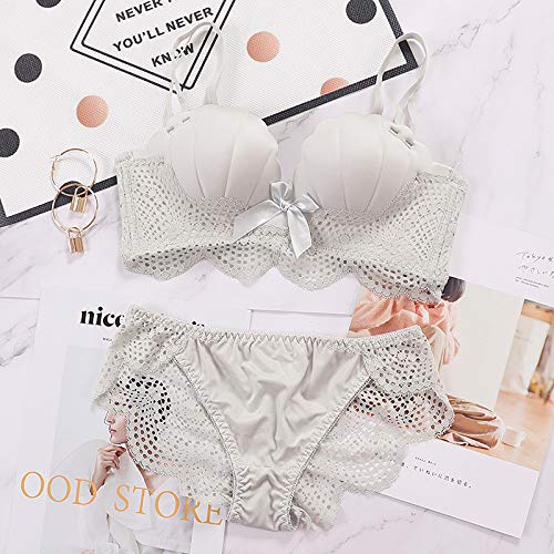 Preisvergleich Produktbild vhidfsjgdsfik Nahtlose Atrium Neue Spitze kleine Brust Geraffte Muschelschale Königin Massage bequem ohne Stahlring Set grau 34 / 75AB dünn und dick
