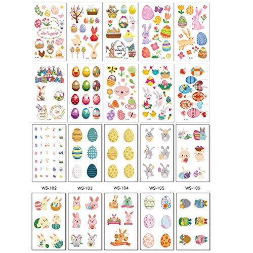 Pomlink, 20 Fogli di Tatuaggi temporanei di Pasqua, Tatuaggi Adesivi pasquali a Forma di Uovo di Coniglietto Pasquale, per Feste di Pasqua per Bambini, Idea Regalo