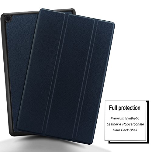 Hülle für Fire HD 8 (8-Zoll-Tablet, 7. Generation – 2017), Infiland Ultra Dünn Tri-Fold Smart-Muschel PU Leder Ultra Schlank Superleicht Ständer Smart Shell Cover Schutzhülle Etui Tasche für Fire HD 8 (8-Zoll-Tablet, 7. Generation – 2017)(mit Auto Schlaf / Wach Funktion)(Dunkleblau) - 2