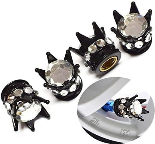Black Gold Silver Pink White Crown Chrome Plated Car Wheel Tire Tyre Valve Dust Caps Covers Tire Set of 4 (Black Crown With Silver Stones)