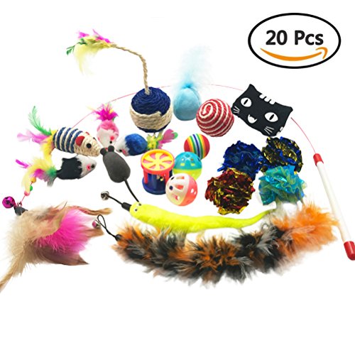 Yangbaga 20 piezas Juguetes para Gatos Juguetes Interactivo Ratón y Bolas Varias con Campanas y Plumas, Cabezas de Repuesto y Catnip Ball incluido Regalo de Navidad para Gatito Gato