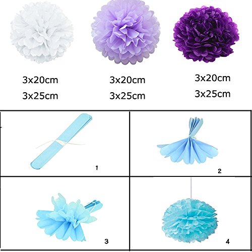 Freedom-vp Papier Pompom 18er 20cm/25cm Mixed DIY Papier Blumen PomPoms Zum Aufhängen Seidenpapier schöne Dekor für Geburtstag Hochzeitsfest Basteln Babyshower Dekoration Feier Party Baby-Duschen Brautduschen Wohnungdeko (Weiß Hellviolett Violett) - 2
