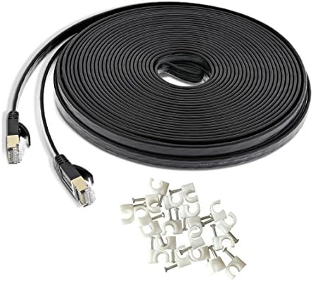 20M Ethernet Cable Cat7 Flat Network RJ45 Lan Patch Cable 600Mhz 10GBbps High Speed STP Copper Wires Shielded Internet Cable for Xbox,PS4,PS3,Modem,Router,LAN,Switch, Comes with Cable Clips (Black)