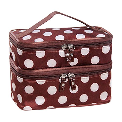 Make Up Pouches Storage, Koly® Lady's Dot Pattern Double Layer Cosmetic Bag Travel Toiletry Makeup Bag (Brown)
