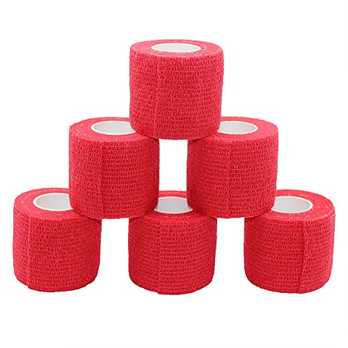 Juego de 6 rollos de cinta autoadhesiva de 5 metros, cinta cohesiva autoadhesiva, vendaje deportivo fuerte, para muñeca, tobillo, esguinces y swelling, rollos de vendaje autoadhesivos, color rojo