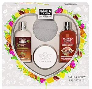 Bryan & Candy New York Cocoa Shea Valentines Gift Set For Women Heart Combo Kit, Shower gel, Hand & body Lotion, Body Polish, Loofah (Pack of 3)