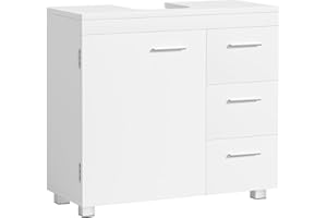 VASAGLE Meuble sous Lavabo, Meuble de Salle de Bain, 3 Tiroirs Latéraux, 2 Cases Derrière la Porte, pour Lavabos sur Colonne, avec Pieds, 30 x 70 x 64 cm, Blanc Nuage BBK504W01
