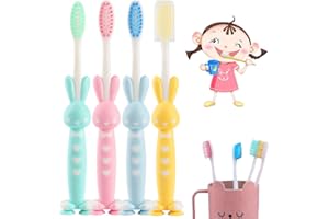 FANSEZQ 4 cepillos de dientes para niños, diseño de conejo de dibujos animados, cepillos de dientes para niños con cerdas suaves, cepillo de dientes con cerdas extrafinas para niños de 3 a 6 años