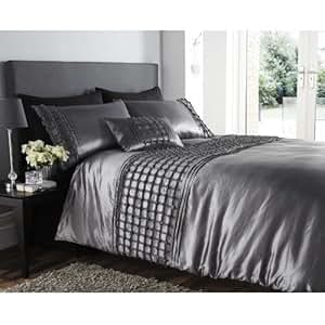 LUXURY FAUX SILK PLEATED DOUBLE BED DUVET COVER QUILT ...