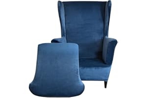 Highdi Funda de Sillón de Orejas Elástica Terciopelo, Funda de Sofá Relax 2 Piezas con Funda de Cojín, Color sólido Fundas Protector de Butaca para Dormitorio,Recepción,Club (Azul Marino)