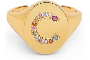 SINGULARU - Anillo Personalizado Signet Letter Colors. Ajustable. Latón con Acabado Baño de Oro de 18 Kt. Talla Unica. Joyas para Mujer. Letra A - Z