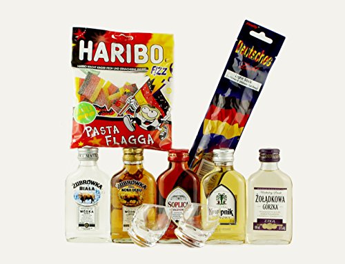 Preisvergleich Produktbild Fußball-Set Around The (Football) World / 5x polnischer Wodka / Likör (0,1 Liter) / 2 handgefertigte Gläser / Knicklicht Deutschland (2x) / Haribo Fußballbärchen
