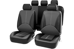 JNNJ 9 Piezas Fundas Asientos Coche, Sets Fundas Asiento Cuero Delanteros Traseros, Fundas Cuero Polvo Transpirables Juego Completo Protector Asiento, Cómodo Cubreasientos Accesorios(Negro Gris)