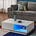Panana LED Coffee Table with 1 Drawer And 1 Display Self, Rectangle Side End Table Sofa Tea Storage Table (White)