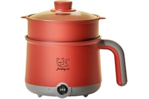 MagiDeal électrique Cuisinière électrique avec cuiseur vapeur Cuiseur à nouilles portable domestique Cuiseur à ramen 1,8 L pour steak, œufs, nouilles, Gris Rouge