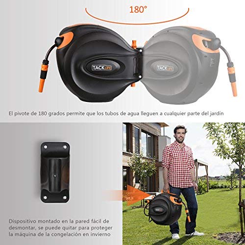 TACKLIFE Carrete para Manguera, 20+2m Manguera de Riego, Retirar Automáticamente, Bloquear en Cualquier Posición, Dispositivo ferroviario, Boquilla y Soporte Ajustables - GHR1A
