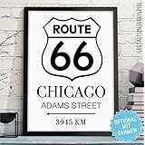 ROUTE 66 - UNITED STATES hochwertiges Wand-Bild mit individueller Entfernungsangabe - Rahmen optional - originelles und personalisiertes Geschenk Männer & Frauen - perfekt für alle USA-Liebhaber
