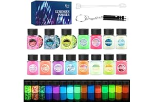 OSBANG Pigmentpulver, leuchtet im Dunkeln, 15 Gläser – 12 Farben leuchtende Pigmente und 3 Farben leuchtende Flocken mit UV-Lampe – Epoxidharz-Leuchtpulver für Schleim-Set, hautfreundlich, nagelsicher,