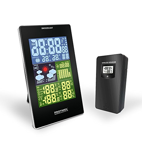 Protmex EM3352C Multifunktion Kabellos Wetterstation Uhr Vorhersage Station Digitales Thermometer Mit Innenraum Draussen Temperatur Feuchtigkeit Sensor Bunt LCD Bildschirm Mit Barometer Snooze Mond Phase DCF-Funk-Zeitanzeige
