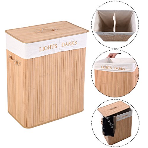 Wäschekorb Wäschekörbe Wäschebox Wäschetruhe Wäschesammler Bambus mit Leinen Kleidersack Wäschetone Wäschewagen 100L (Natur)