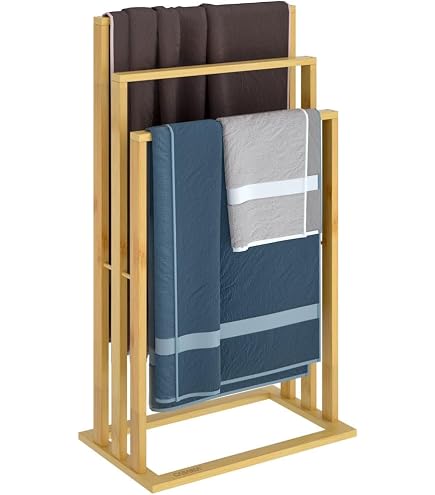 Porte-Serviettes Sur Pied Bois 3 Barres + Étagère – Style Vintage Marron 45x22x86 Cm