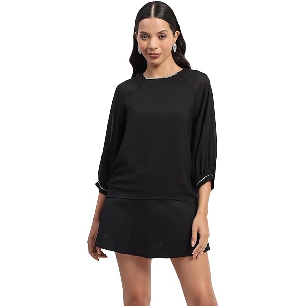 Buy Madame Women's Solid Regular Fit Textile Top (M2W18705- Navy