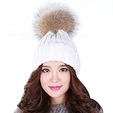 YANIBEST Womens Girls Winter Fur Hat Real Large Raccoon Fur Pom Pom Beanie Winter Hats
