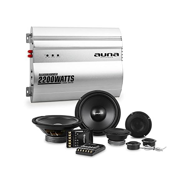 Unbekannt auna Silverhammer Car-HiFi-Set 2-Kanal-Endstufe + Lautsprecher Set (2200 Watt Max. Verstärker, 2 x 1200 Watt Subwoofer, 2 x 1200 Watt Mitteltöner und 2 x 1,57"-Tweeter) Silber