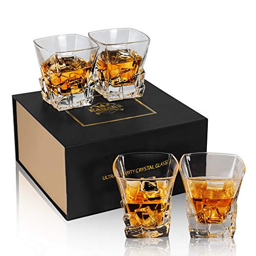 KANARS WG03 Juego de 4 Vasos de Whisky, Vaso de Whisky Robusto Cristalino 100% Sin Plomo para Escocés, Borbón y Más, 300ml, Caja de Regalo