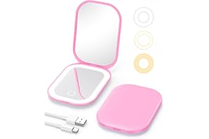 Gospire Espejo de maquillaje de viaje iluminado con aumento 3X y luz ajustable de tres colores, espejo pequeño recargable para bolso, rosa profundo