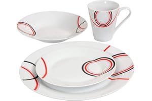BARGAINS-GALORE 16 Piece Dinner Set - Red & Black Patterns Dinnerware Set | 4 Bowls, 4 Side Plates, 4 Mugs, 4 Soup Plates | Kitchen Microwave & Dishwasher Safe - for Cereal, Desserts, Porcelain Cup, Gift