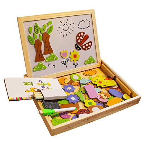Preisvergleich Produktbild Kurtzy - Magnetisches Holzpuzzle Lernspielzeug Set mit 110 Teilen - Puzzle aus Holz, Pädagogisches Lernspiel - Doppelseitige Tafel und Staffelei mit Bauernhof- und Tiermotiven - Magnet Kinderspielzeug, Holzspielzeug, Kreide, Radierer und Aufbewahrungsbox