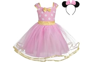 Lito Angels Deguisement Robe Princesse Enfant Fille, Anniversaire Fete Halloween Carnaval, avec Oreilles de Souris Serre-tete, Taille 3-4 ans, Pois Rose (étiquette en tissu 120)