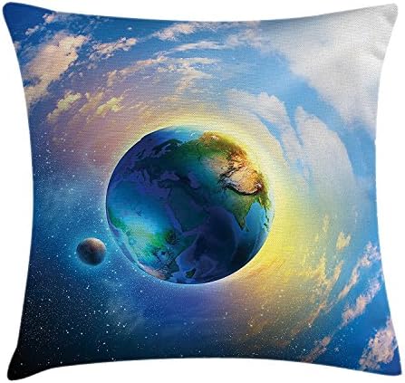Apartment Decor Throw Pillow Cushion Cover, Air View of Earth Atmospheric Circle with Orbit Spherical Solar System, Decorative Square Accent Pillow Case, 18X18 Inches, Blue White