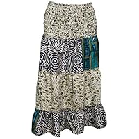 Women's 2 in 1 Printed Skirt Dress Recycled Silk Patchwork Printed Beige Sari Skirts S