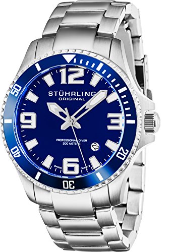 Stuhrling Original Herren-Armbanduhr „Pro Diver“ aus Edelstahl, Schweizer Quarz, analog, Tauchuhr