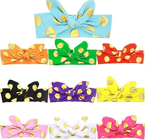 Wanxiangfeng 10 Pcs Rabbit Ear Baby Girl Cotton Hair Tie Headbands with Golden Polka Dot