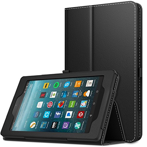 MoKo Hülle für All-New Amazon Fire 7 Tablet (7 Zoll - 7. Generation, 2017 Modell) - Kunstleder Ständer Schutzhülle Smart Cover mit Auto Sleep/Wake up Funktion, Stift-Schleife und Stanfunktion für das neue Fire 7 2017, Schwarz