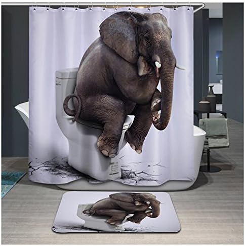 3D Shower Curtain and Bath Mat Set, Waterproof Polyester Animals Pattern Bathroom Shower Curtain(71 x 71 inch) and Memory Foam Soft Bath Mats Rugs(16*24 inch) (Elephant)