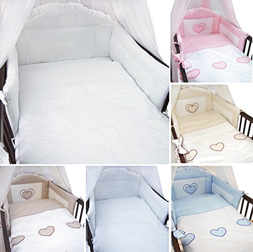 6 Piece Embroidered Baby Bedding Sets to fit Cot & Cotbed - (Cot 120 x 60cm, Hearts White)