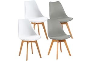 H.J WeDoo Pack de 4 Sillas de Comedor Modernas con Patas de Haya y Asiento Tapizado para Cocina, Oficina, Bar, Sala de Estar, Blanco + Gris