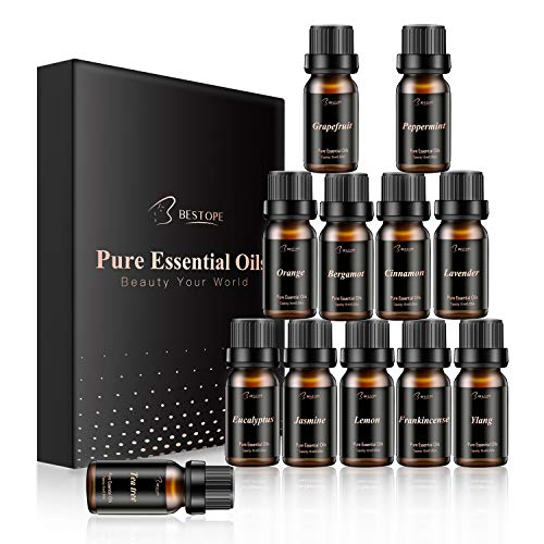 Bestope Oli Essenziali Biologici Puri Naturali 12x10ml Lavanda,Eucalipto,Menta piperita,Limone,Arancia,Gelsomino,Bergamotto,Pompelmo,Albero del tè, Ylang,Cannella,Incenso per Umidificatore Diffusore