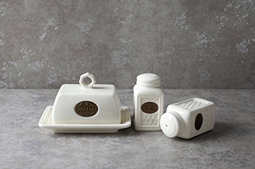 Salzstreuer Pfefferstreuer Kleine Butterdose Porzellan 3er Set Handgemacht weiß Keramik Vintage Geschenk - 4