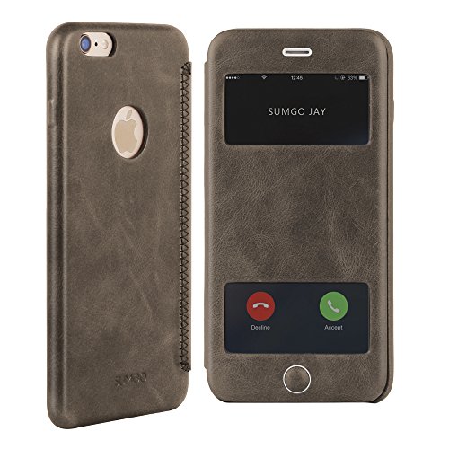 SUMGO® Apple iPhone 6, 6s Hülle echt Leder Schutzhülle Flip Cover mit Sichtfenster View Back Case Tasche – in Beige Braun - 3